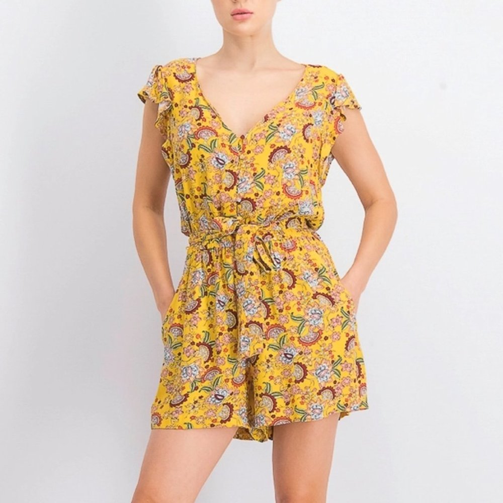 SANCTUARY Short Sleeve V-Neck Romper in Yellow Gold Sunray Size XS - Picture 3 of 12